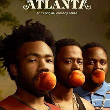 Title card for Atlanta, featuring the major characters with peaches in their mouths.